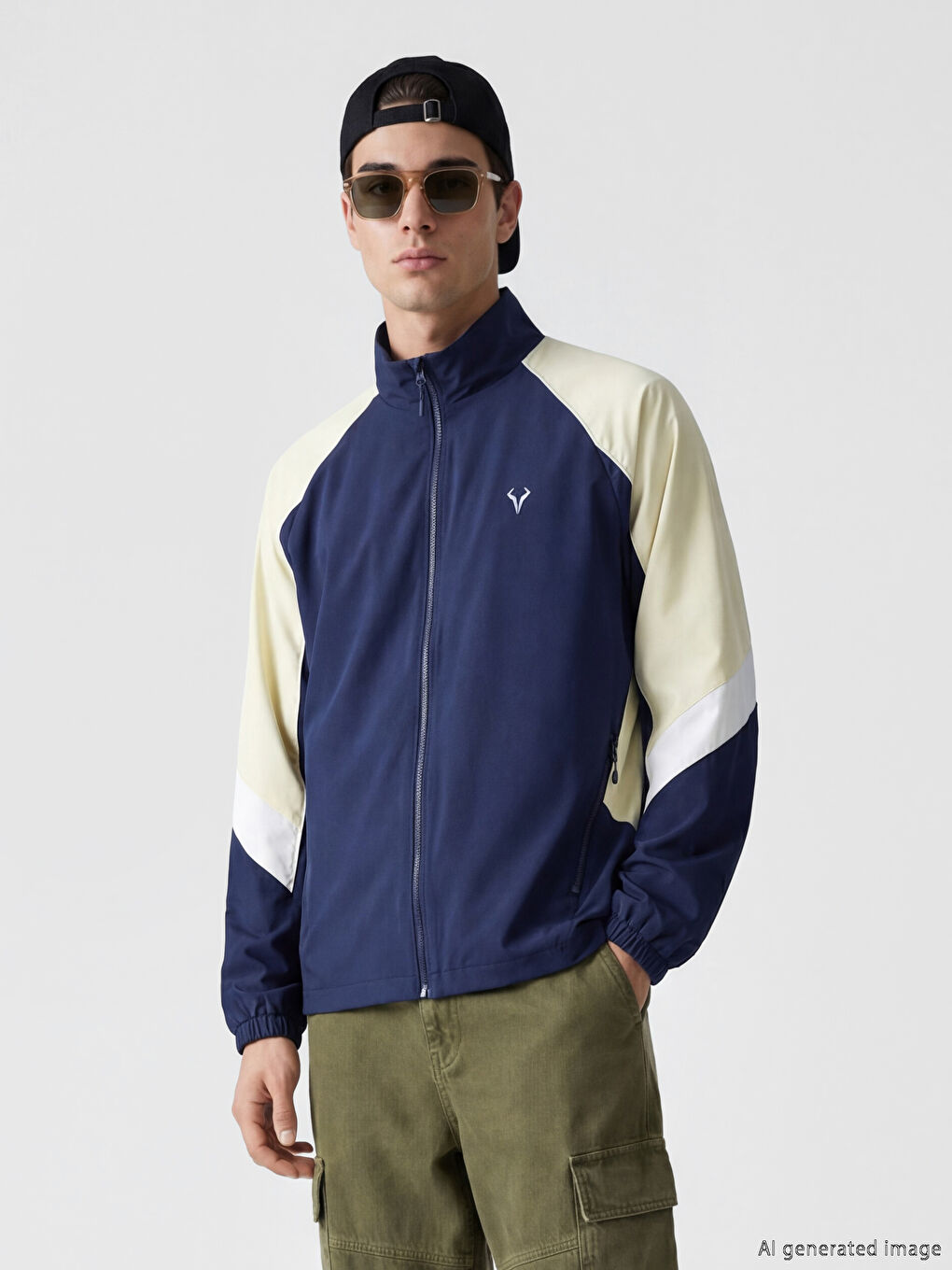 Lacivert Dik Yaka Renk Bloklu Erkek Fermuarlı Sweatshirt-1