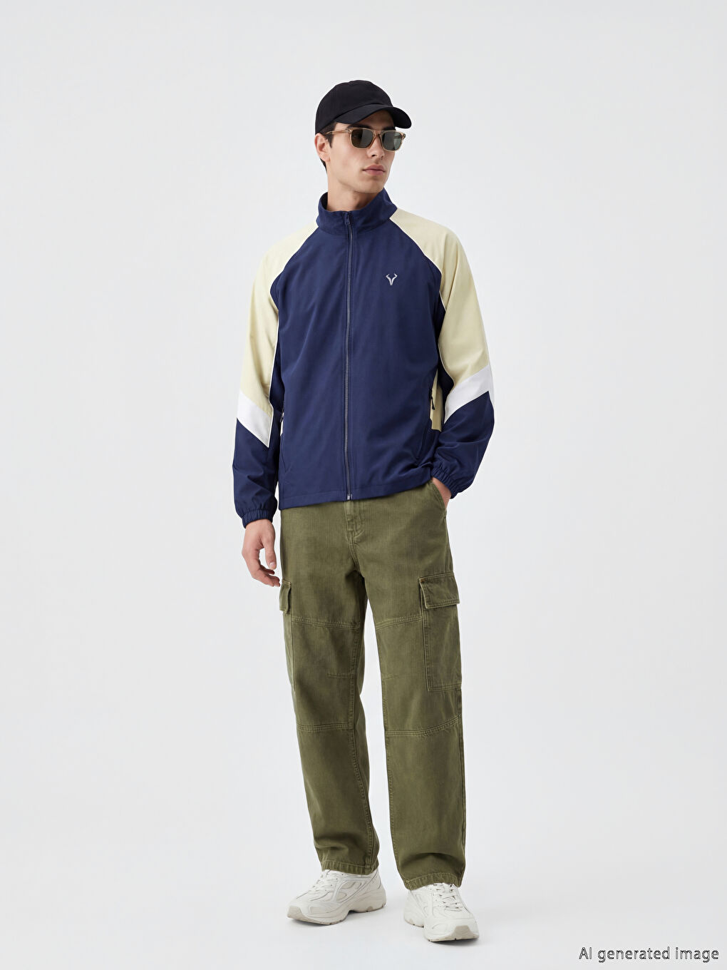 Lacivert Dik Yaka Renk Bloklu Erkek Fermuarlı Sweatshirt-2