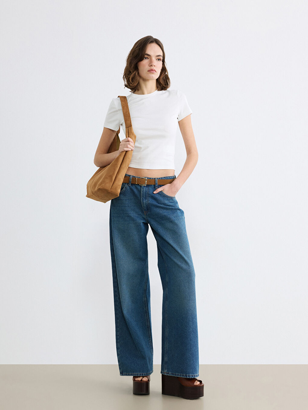 İndigo Beli Kemerli Wideleg Kadın Jean Pantolon