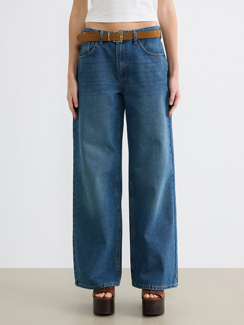 İndigo Beli Kemerli Wideleg Kadın Jean Pantolon-1