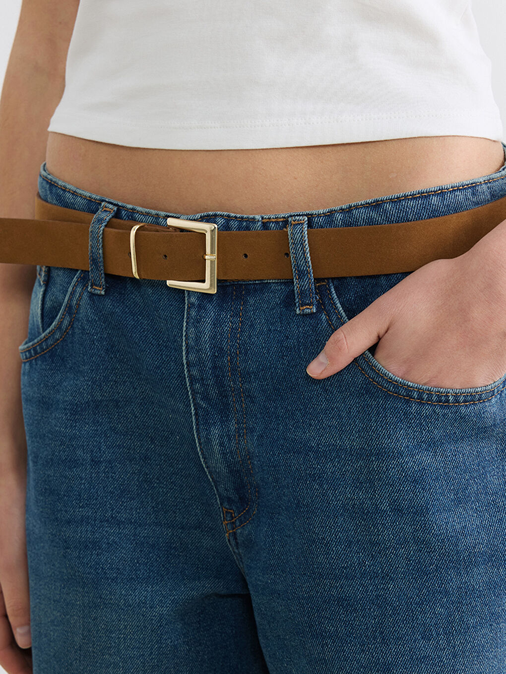 İndigo Beli Kemerli Wideleg Kadın Jean Pantolon-2