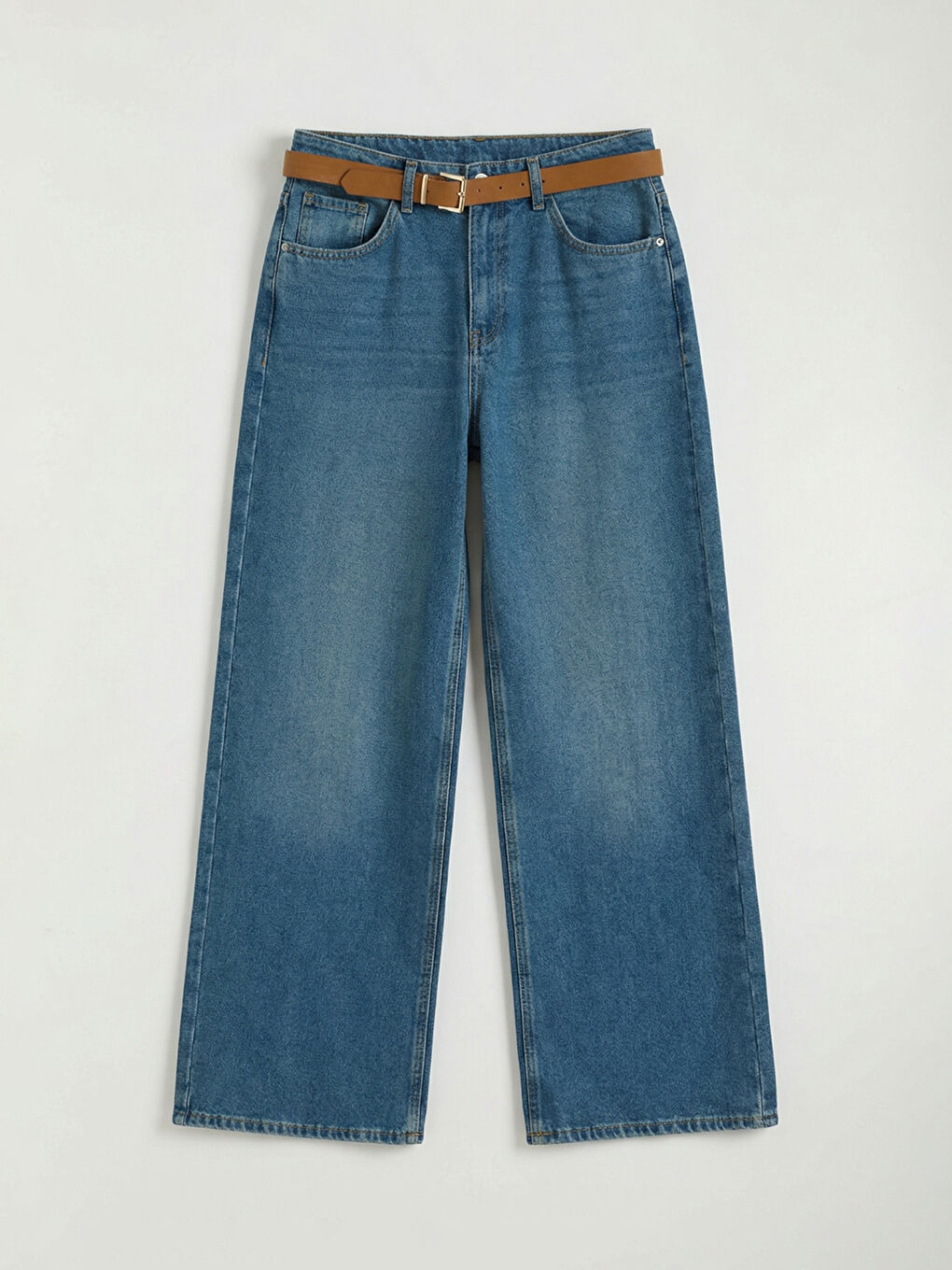 İndigo Beli Kemerli Wideleg Kadın Jean Pantolon-4