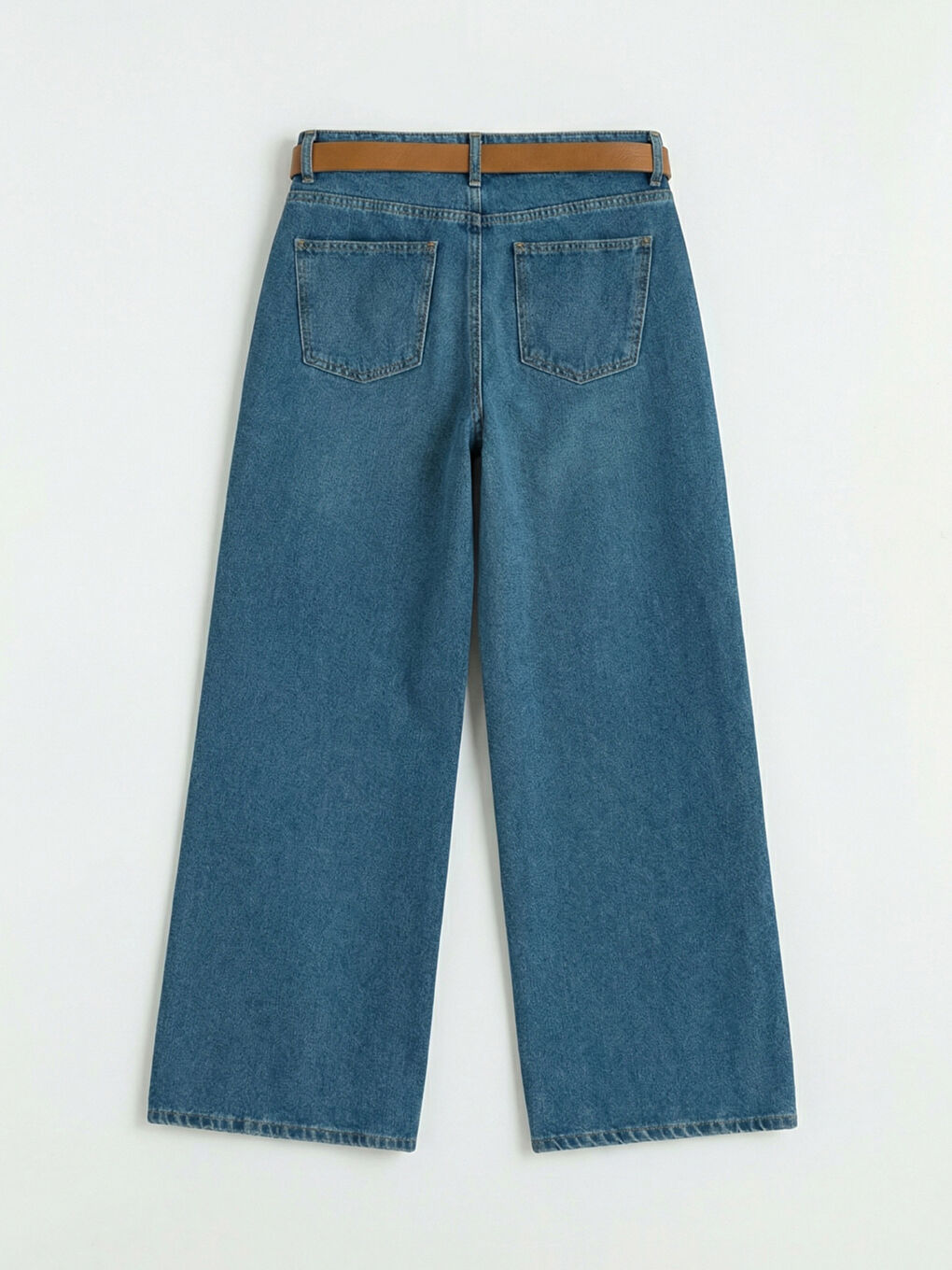 İndigo Beli Kemerli Wideleg Kadın Jean Pantolon-5