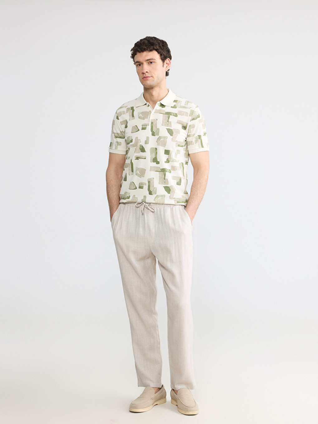 Bej Regular Fit Keten Karışımlı Erkek Pantolon
