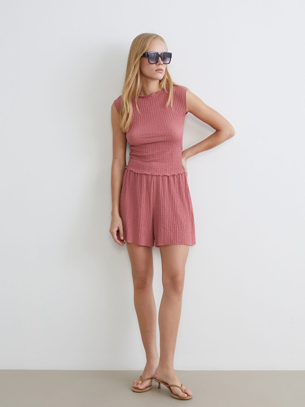 Pembe Bisiklet Yaka Dokulu Bluz-1