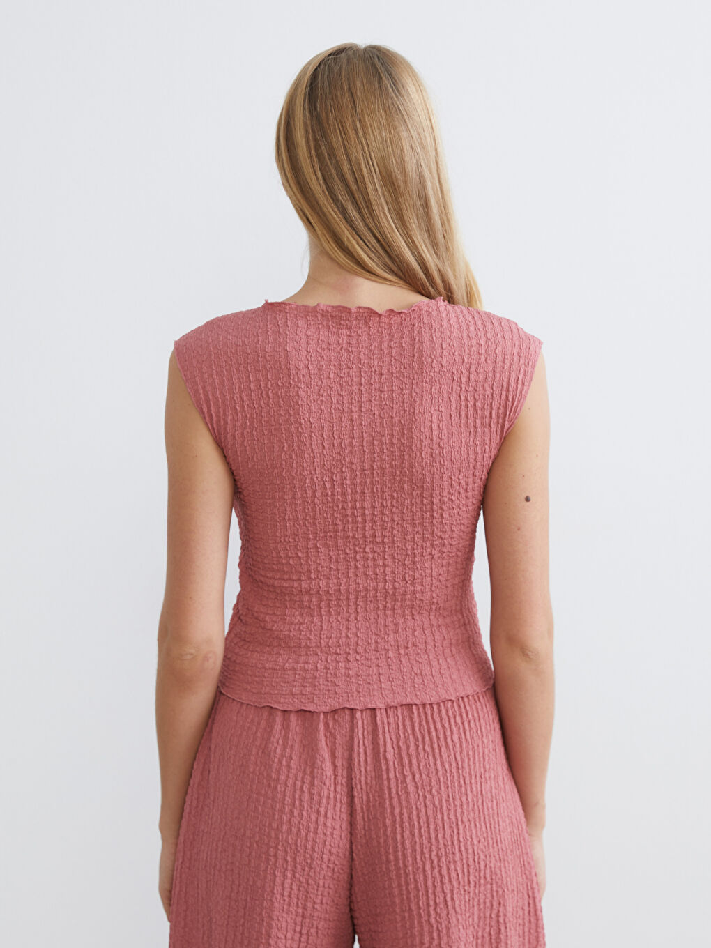 Pembe Bisiklet Yaka Dokulu Bluz-3