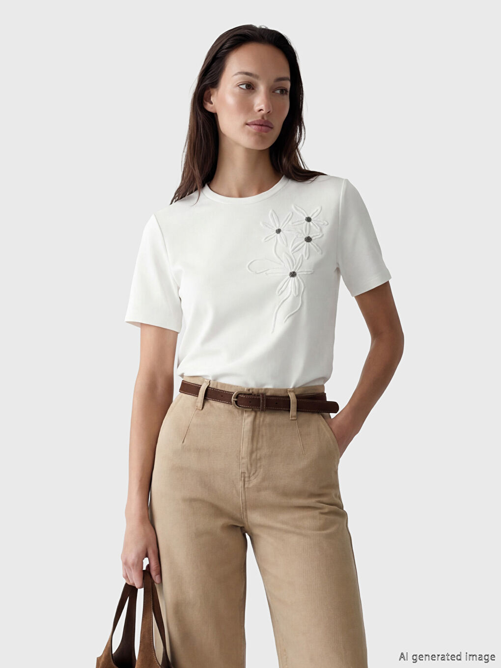 Ekru Bisiklet Yaka Çiçek Nakışlı Bluz