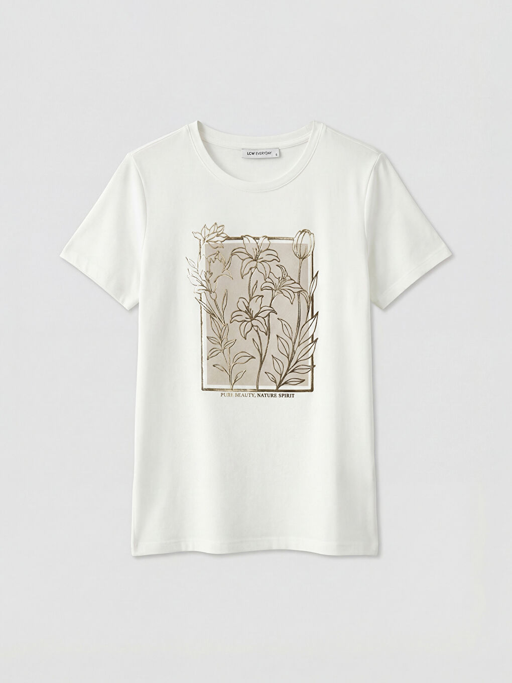 Ekru Bisiklet Yaka Baskılı Kadın Tişört