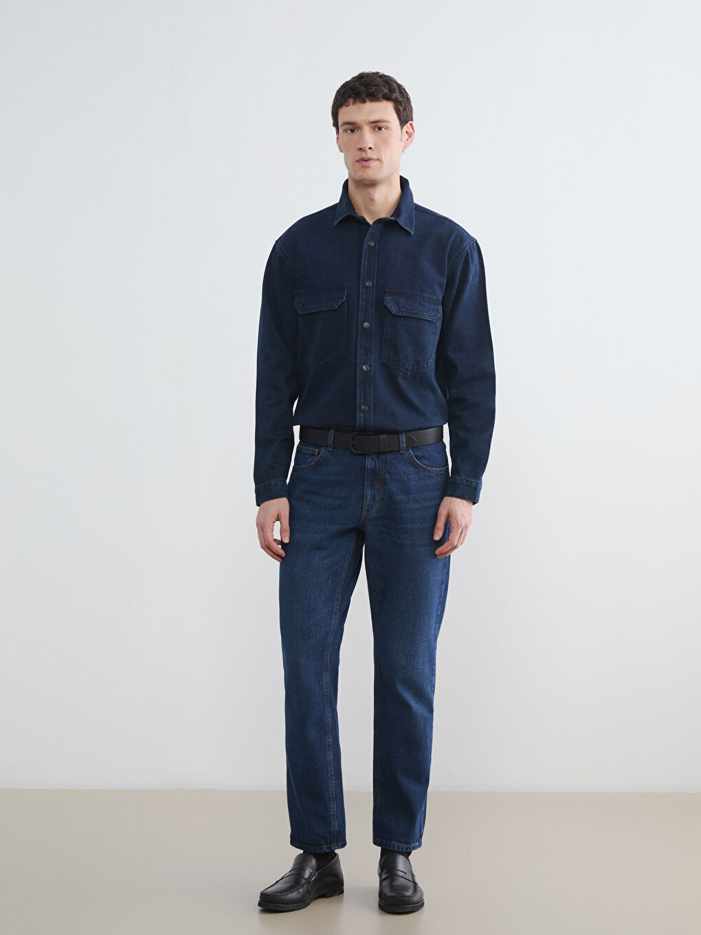 İndigo Rahat Kalıp Erkek Jean Gömlek-1
