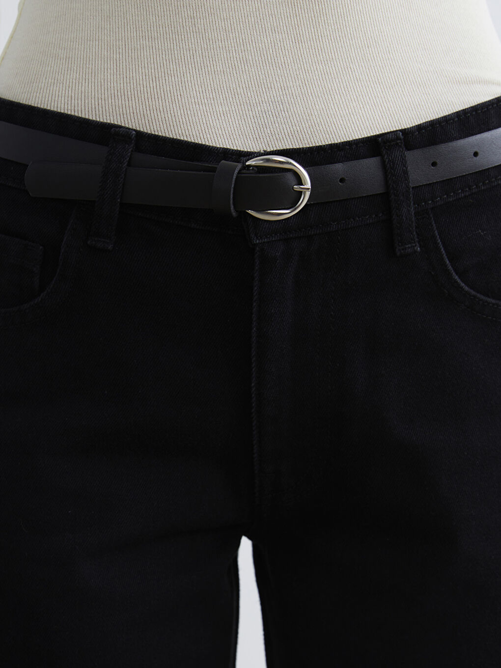 Siyah Beli Kemerli Wideleg Kadın Jean Pantolon-2