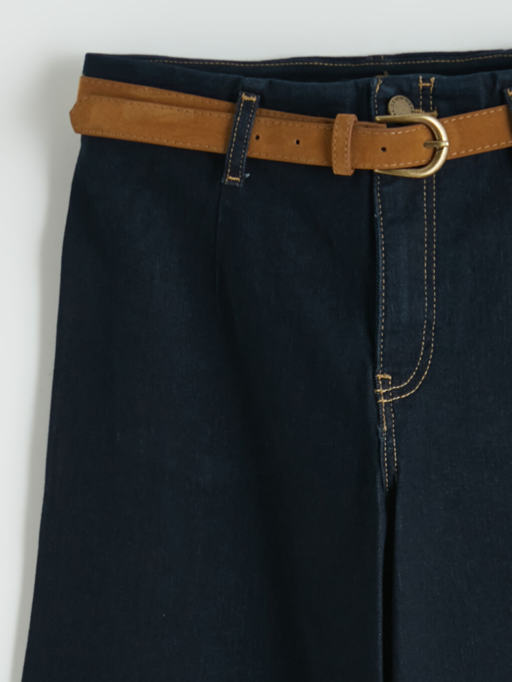 İndigo Beli Kemerli Wideleg Kadın Jean Pantolon	-7