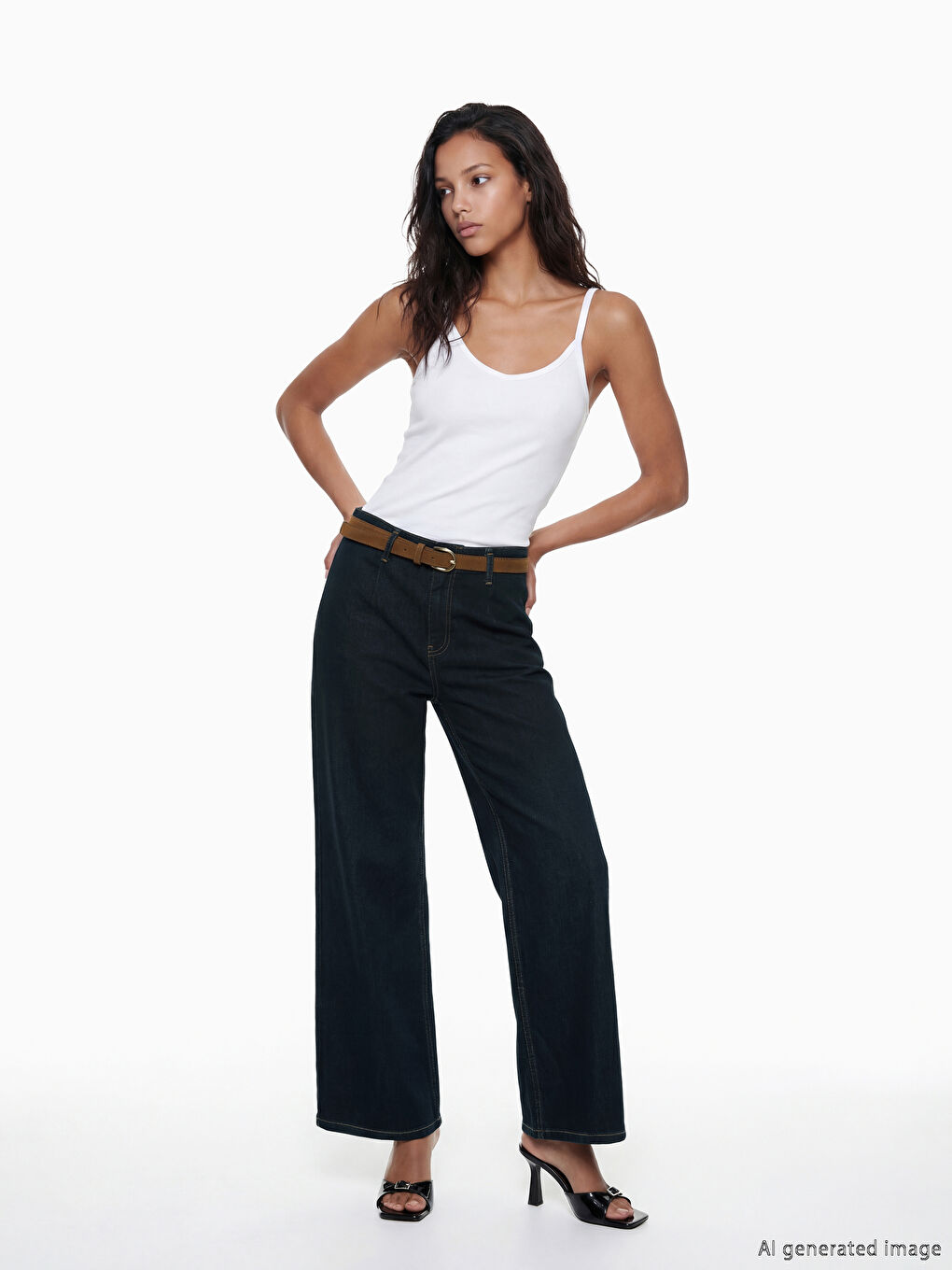 İndigo Beli Kemerli Wideleg Kadın Jean Pantolon	