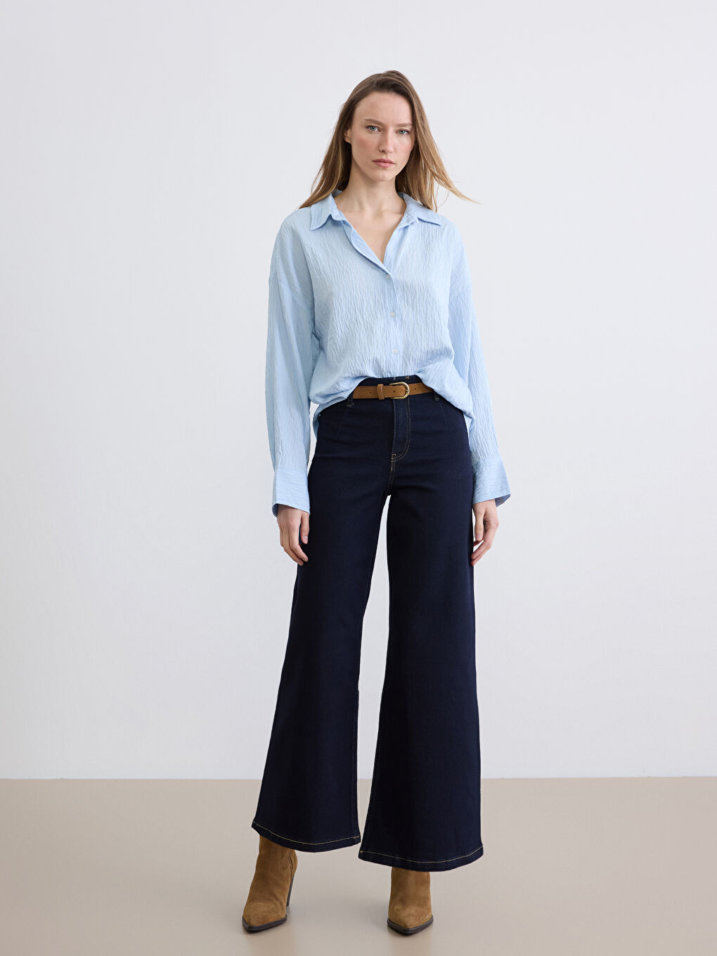 İndigo Beli Kemerli Wideleg Kadın Jean Pantolon	-1