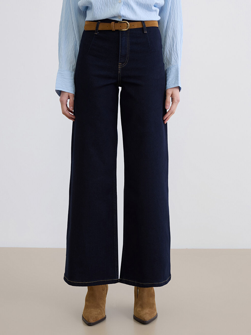 İndigo Beli Kemerli Wideleg Kadın Jean Pantolon	-2