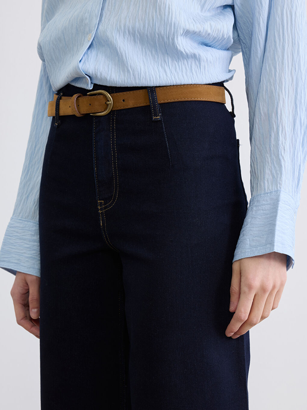 İndigo Beli Kemerli Wideleg Kadın Jean Pantolon	-3