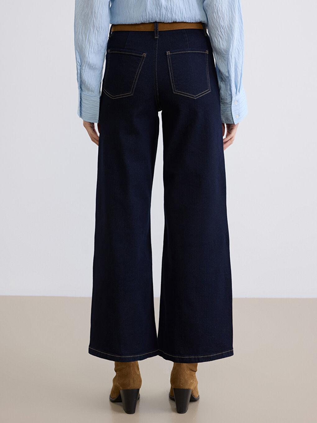 İndigo Beli Kemerli Wideleg Kadın Jean Pantolon	-4