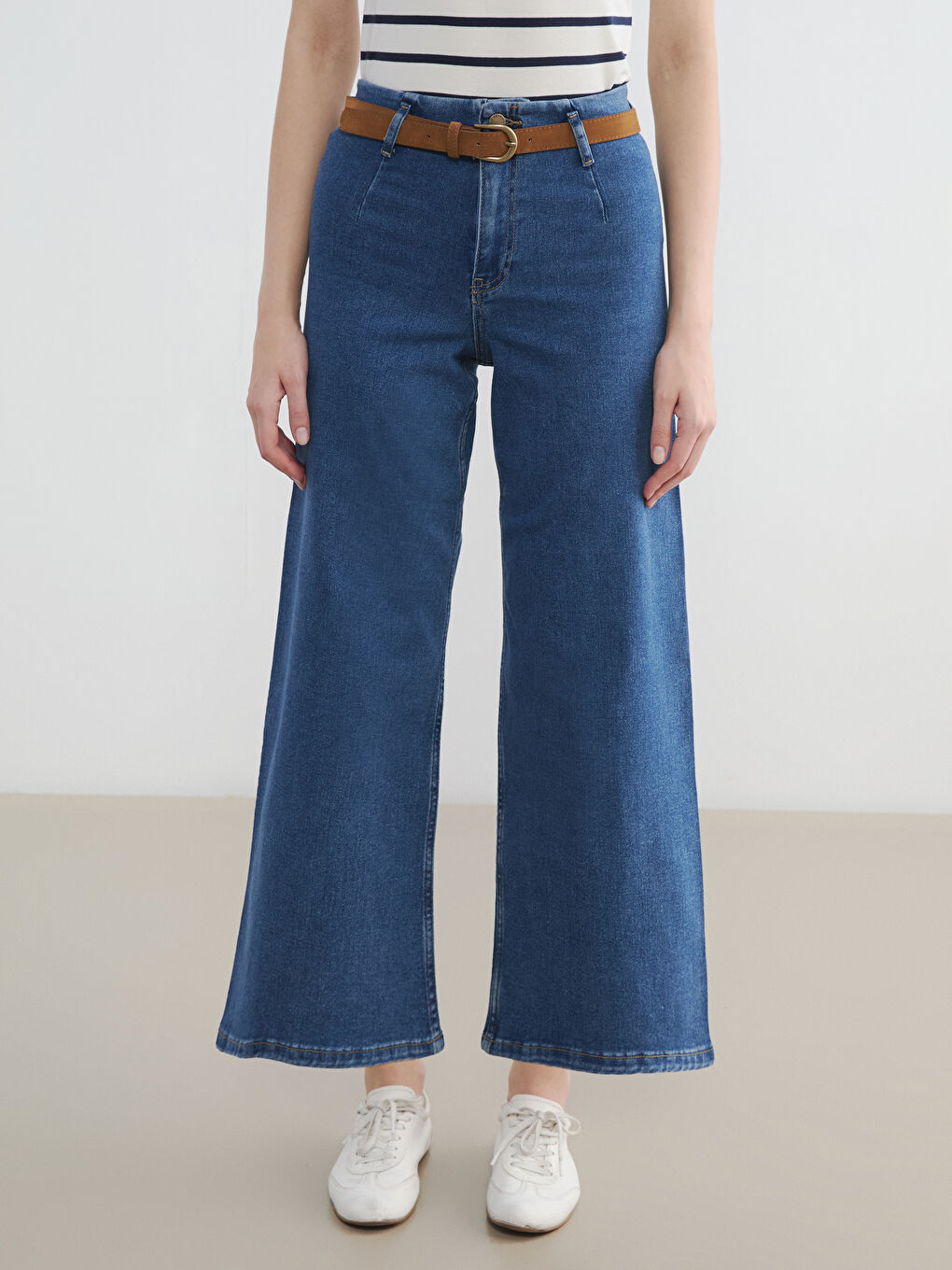 İndigo Beli Kemerli Wideleg Kadın Jean Pantolon-1