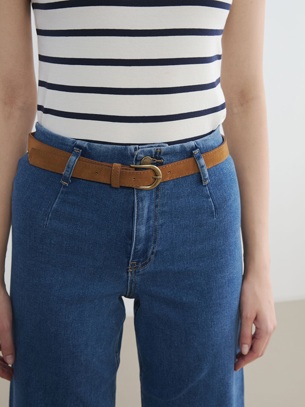 İndigo Beli Kemerli Wideleg Kadın Jean Pantolon-2