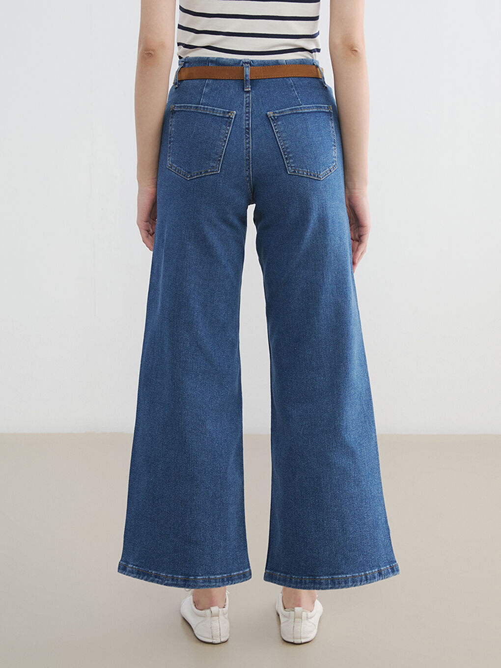 İndigo Beli Kemerli Wideleg Kadın Jean Pantolon-3