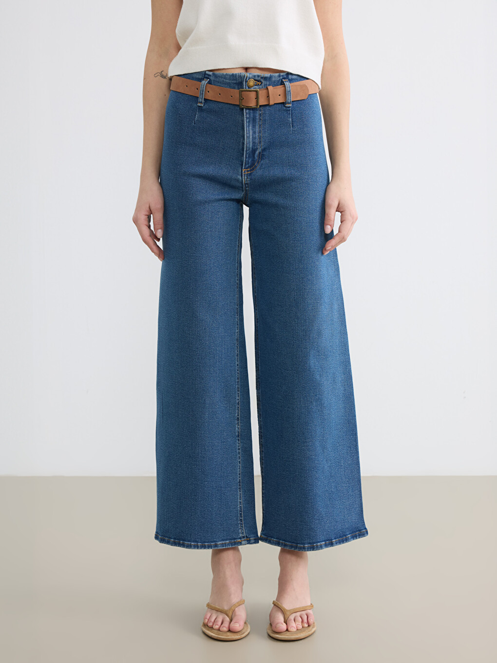 İndigo Beli Kemerli Culotte Fit Kadın Jean Pantolon-1