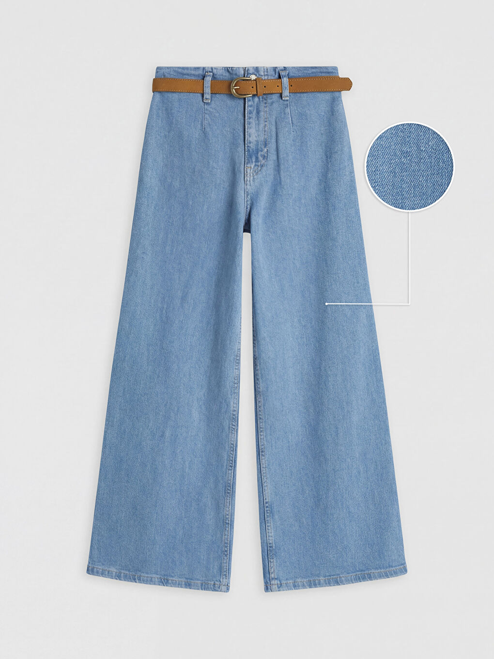 İndigo Beli Kemerli Wideleg Kadın Jean Pantolon