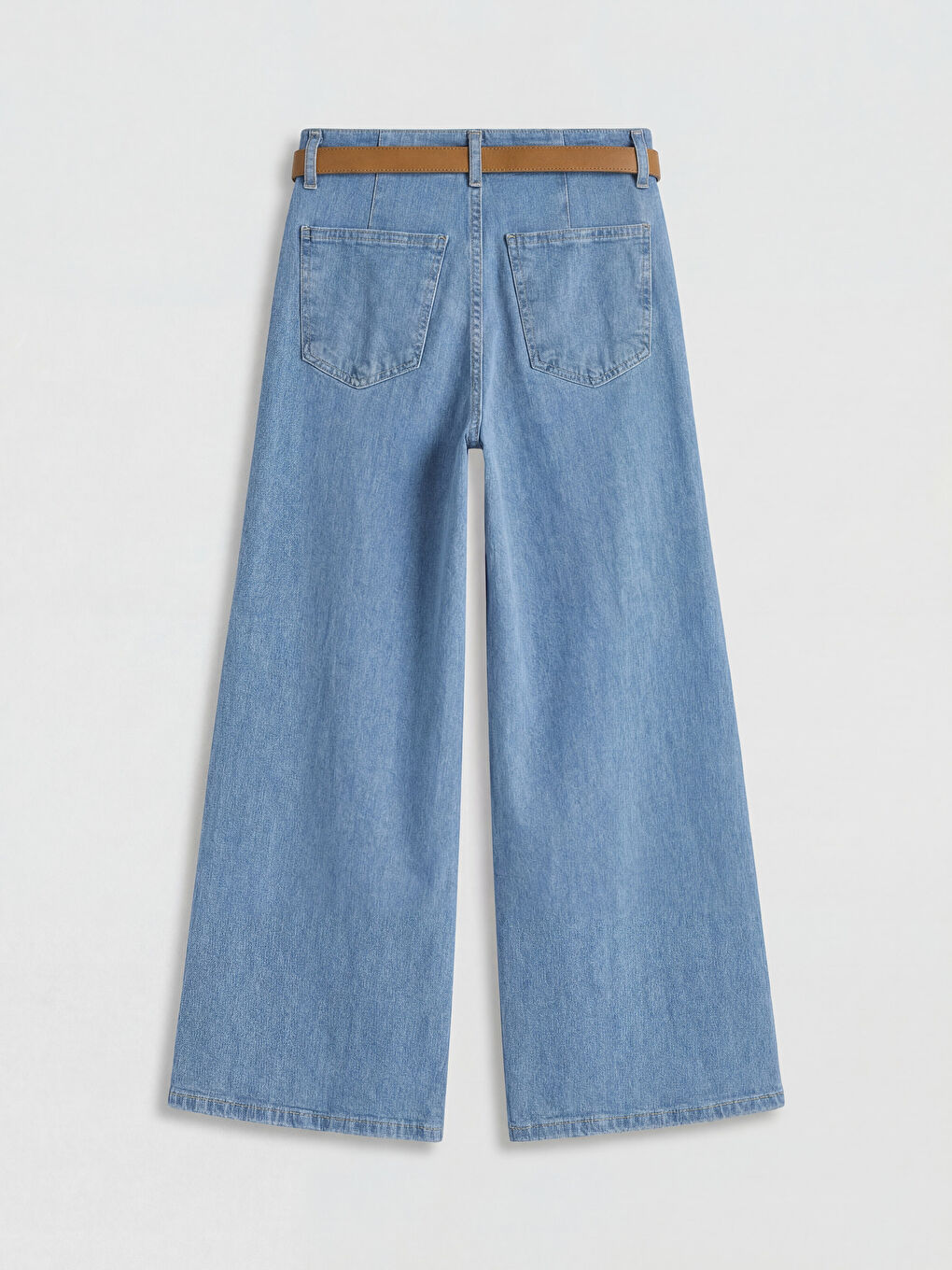 İndigo Beli Kemerli Wideleg Kadın Jean Pantolon-1