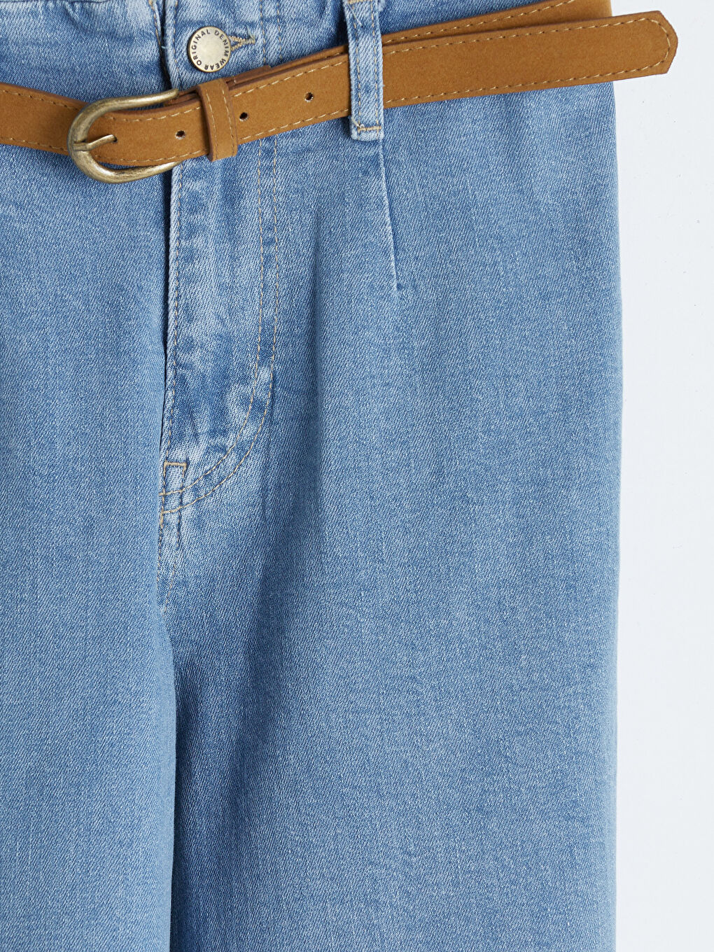 İndigo Beli Kemerli Wideleg Kadın Jean Pantolon-2