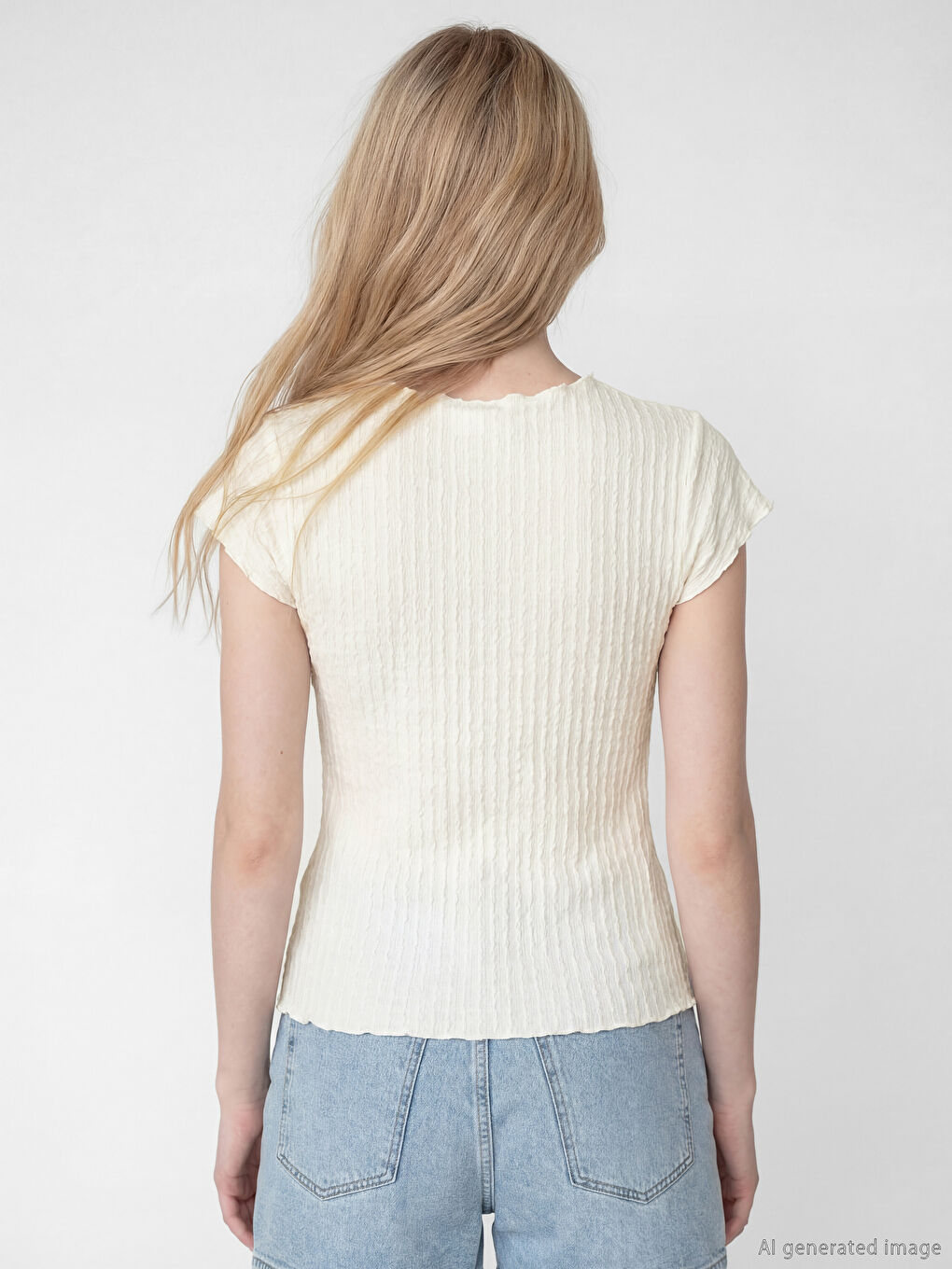 تي شيرت نسائي بياقة مستديرة وملمس محبب-2