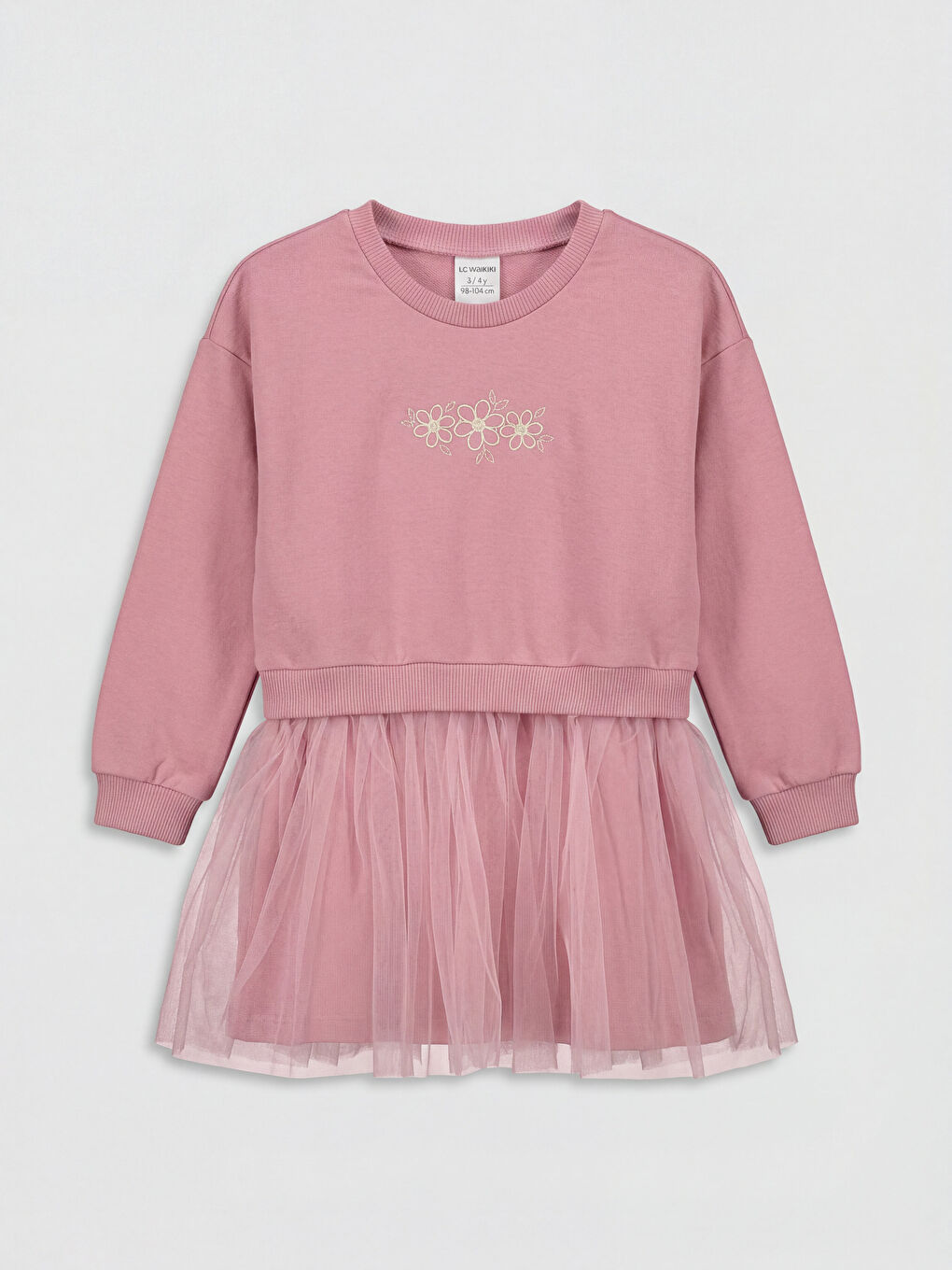 Crew Neck Embroidered Girls' 3 Thread Dress