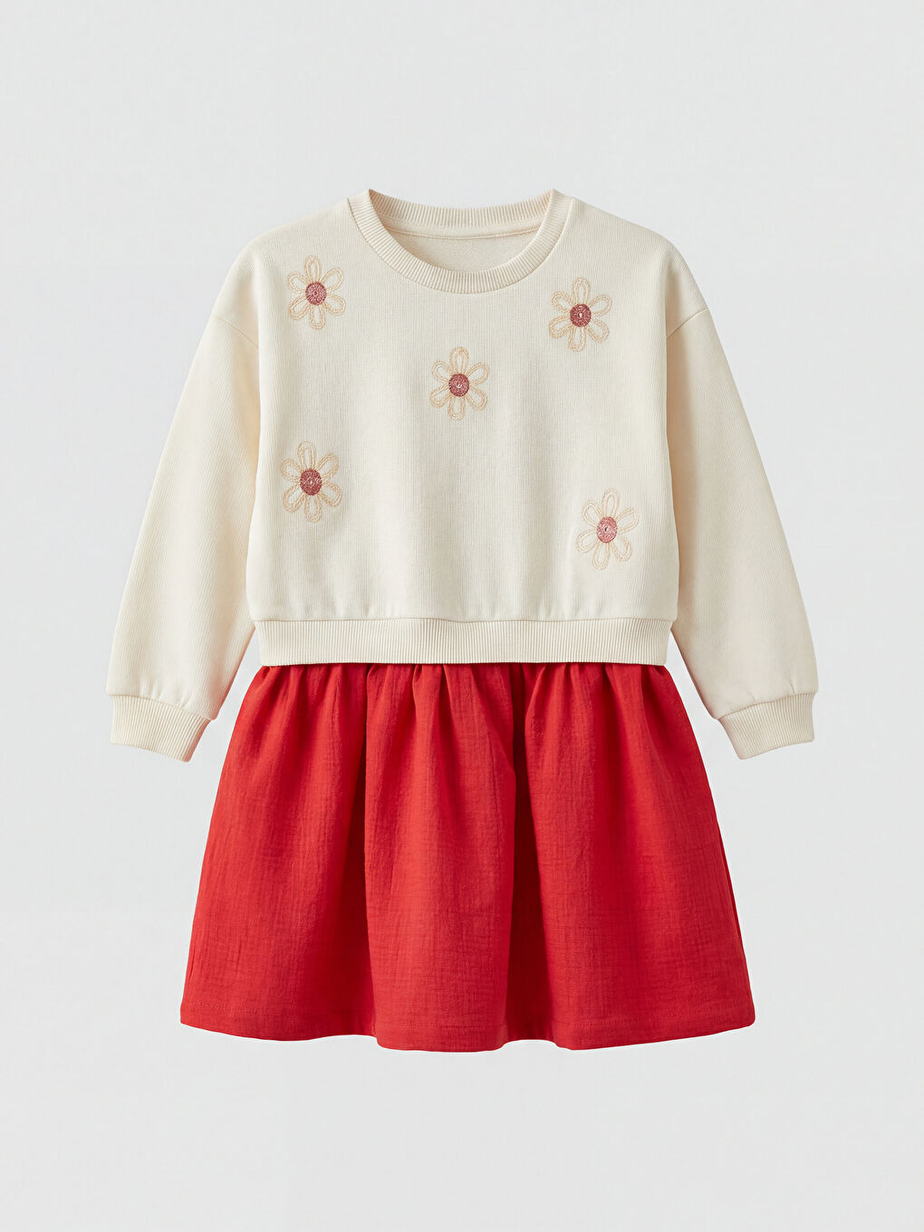 فستان بناتي مطرز بالزهور بياقة دائرية