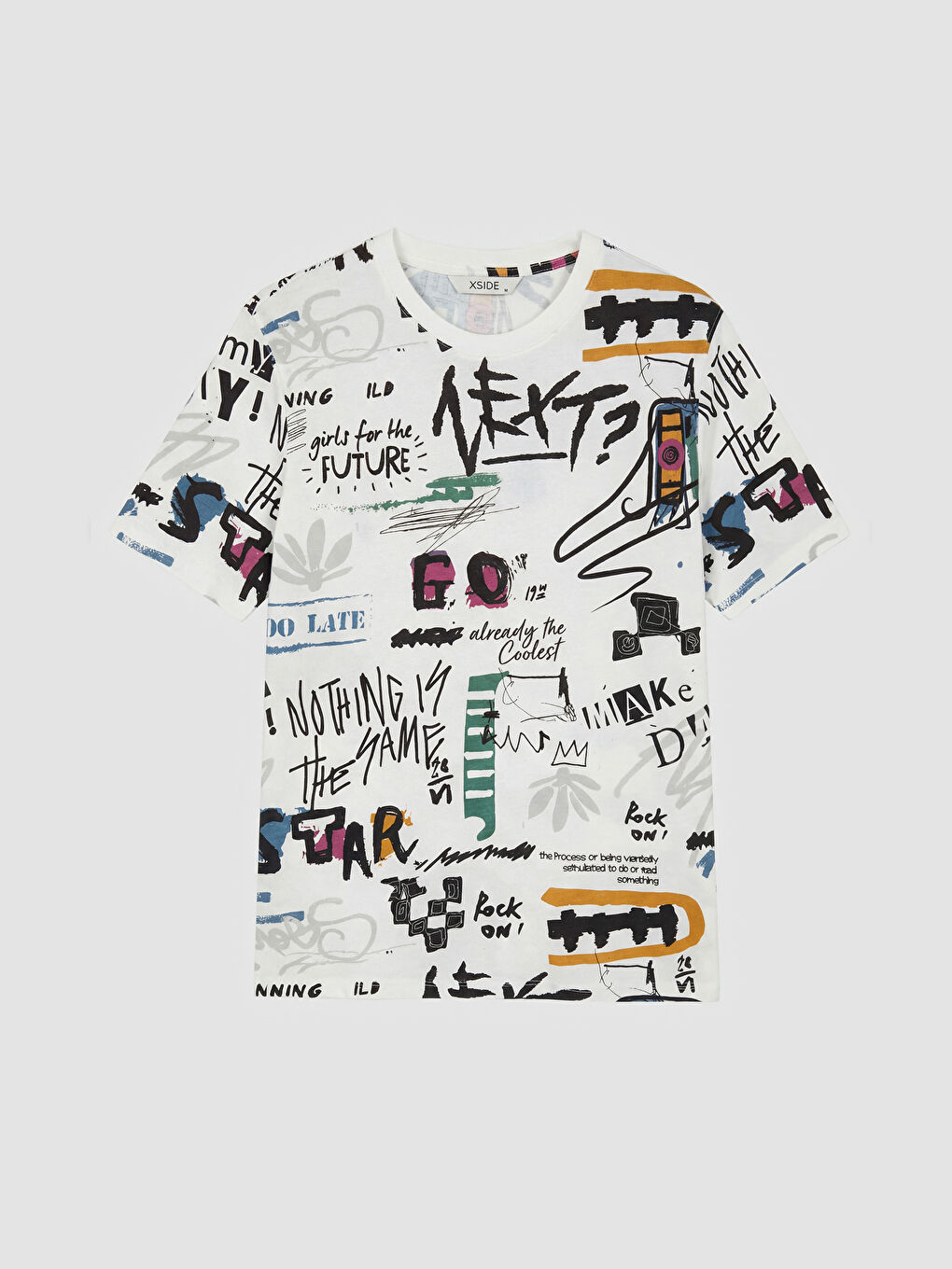 Ekru Bisiklet Yaka Baskılı Erkek Tişört