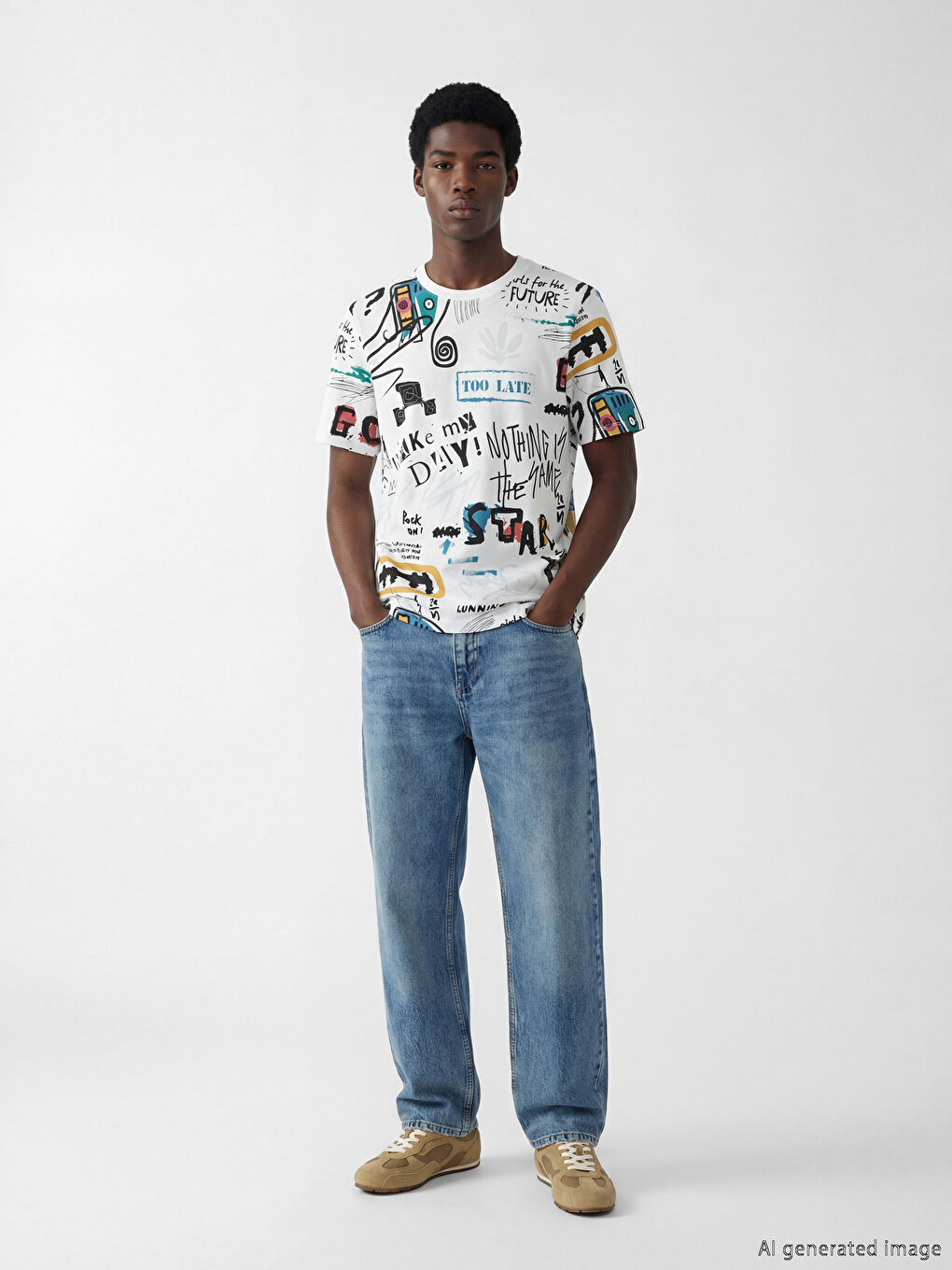 Beyaz Bisiklet Yaka Baskılı Erkek Tişört