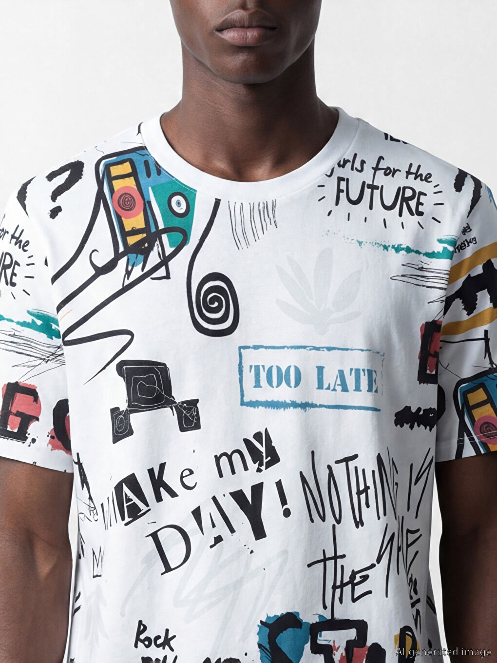 Beyaz Bisiklet Yaka Baskılı Erkek Tişört-1