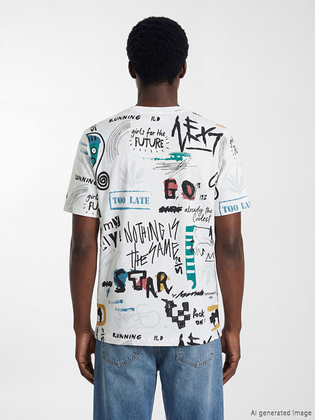 Beyaz Bisiklet Yaka Baskılı Erkek Tişört-2