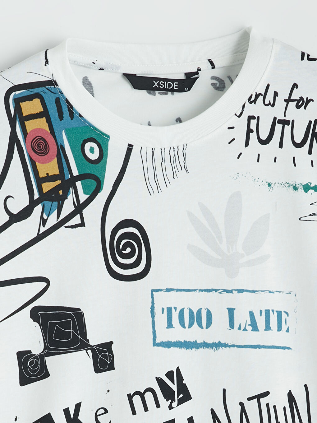 Ekru Bisiklet Yaka Baskılı Erkek Tişört-2