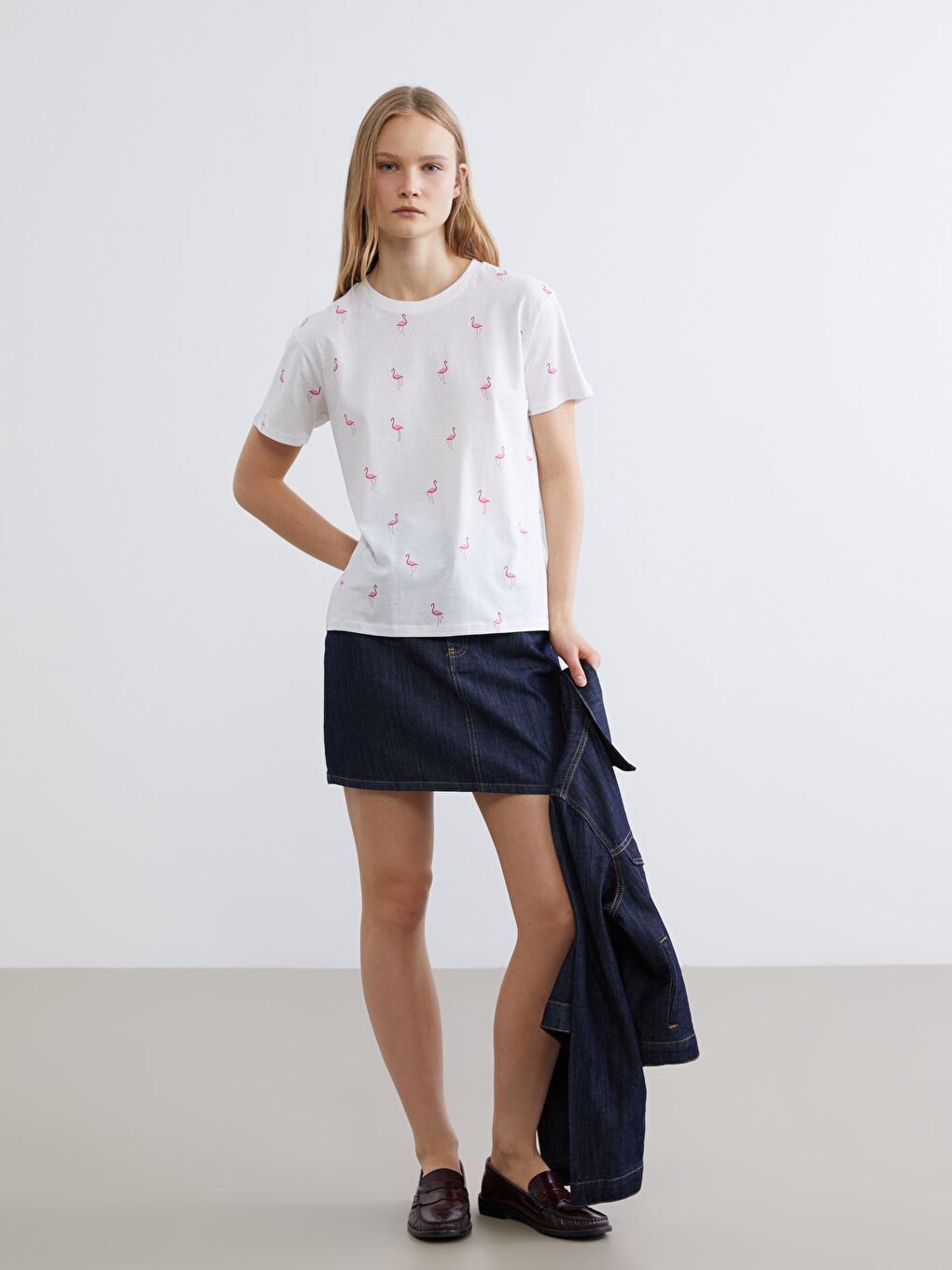 Crew Neck T-shirt with Flamingo Print-1