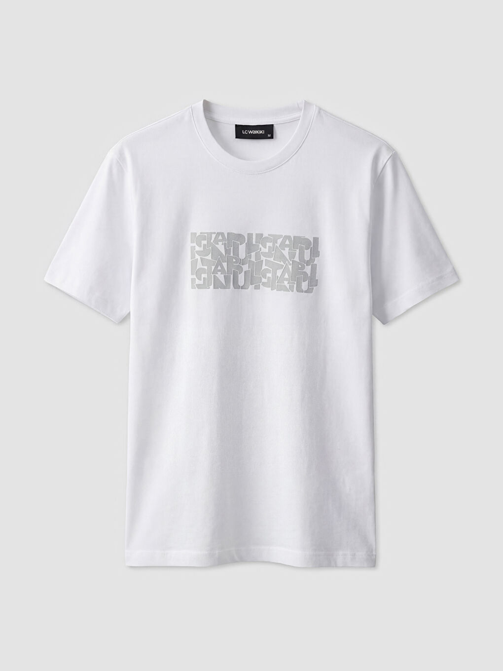 Beyaz Bisiklet Yaka Baskılı Erkek Tişört