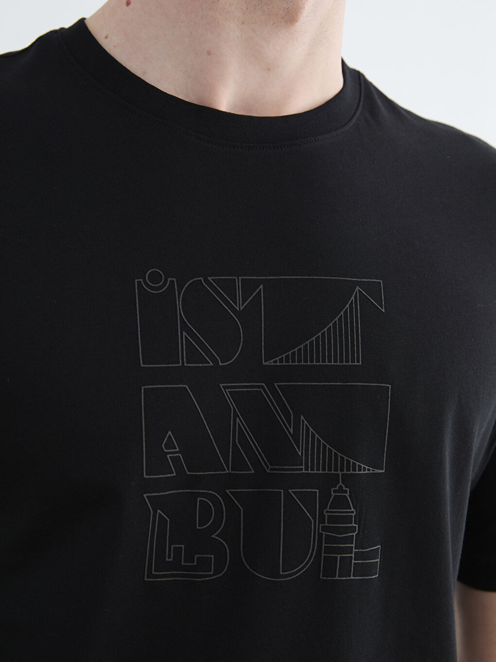 Siyah Bisiklet Yaka İstanbul Baskılı Erkek Tişört-2