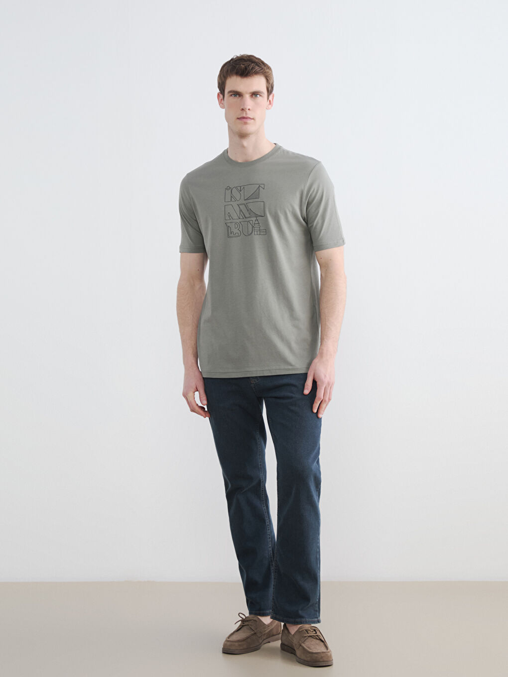 Haki Bisiklet Yaka İstanbul Baskılı Erkek Penye  Tişört-1