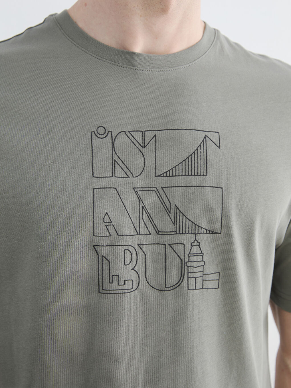 Haki Bisiklet Yaka İstanbul Baskılı Erkek Penye  Tişört-2