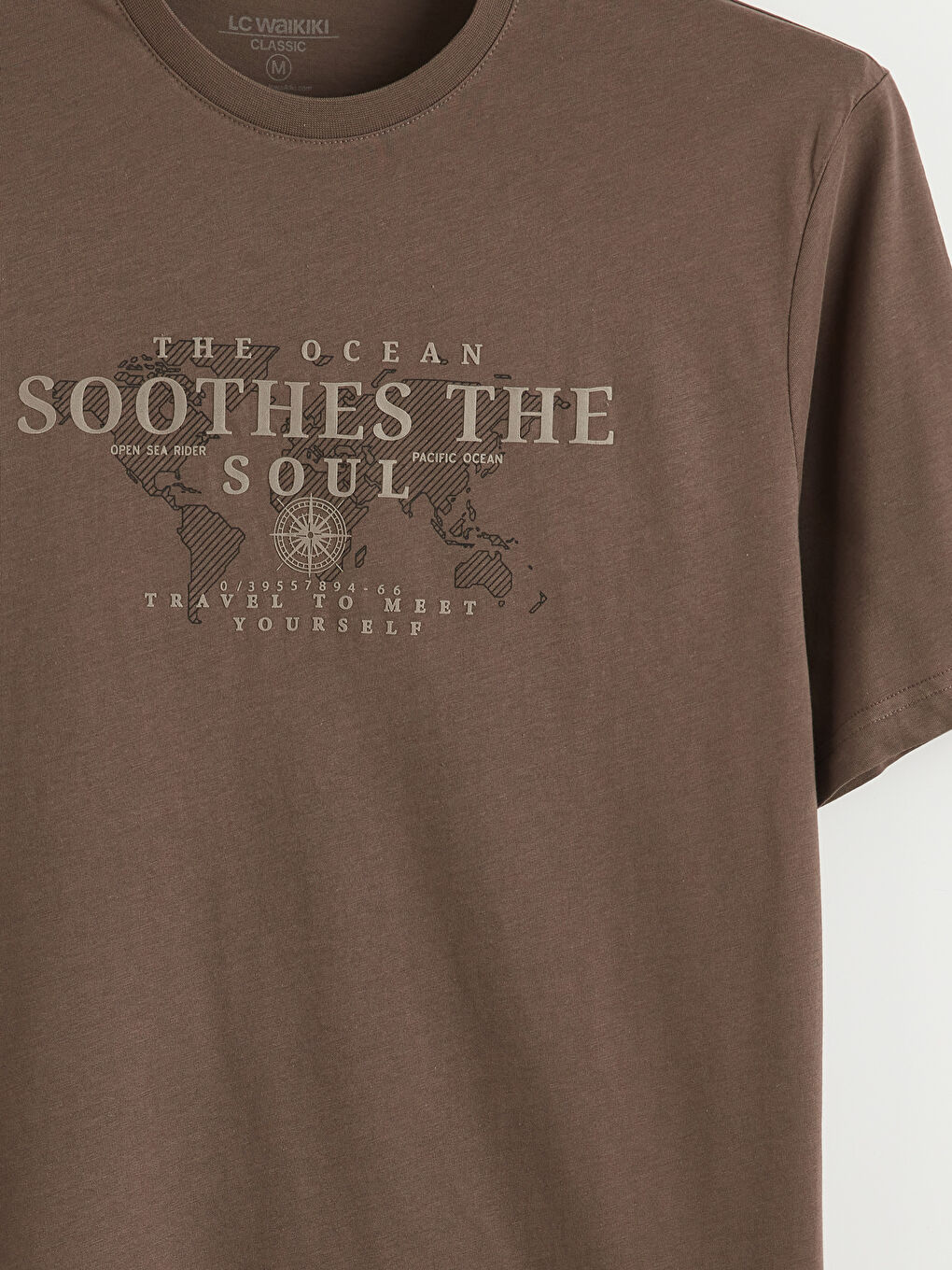 Kahverengi Bisiklet Yaka Baskılı Penye Erkek Tişört-1