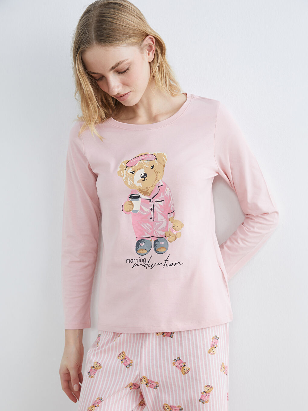 Pembe Bisiklet Yaka Ayı Teddy Baskılı Kadın Pijama Takım-1