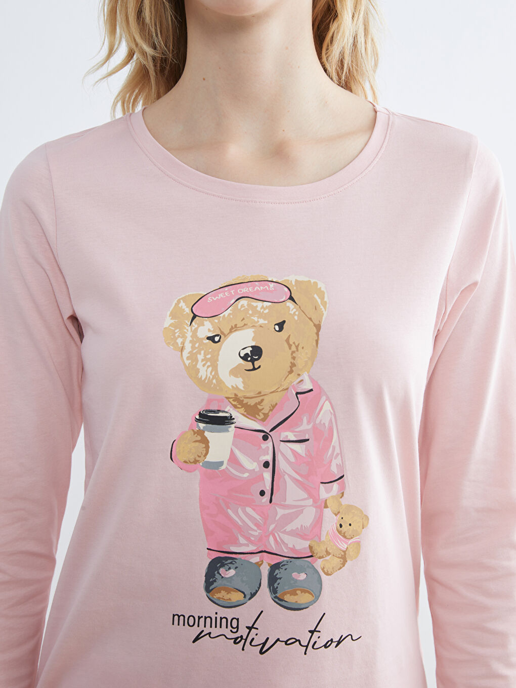 Pembe Bisiklet Yaka Ayı Teddy Baskılı Kadın Pijama Takım-2