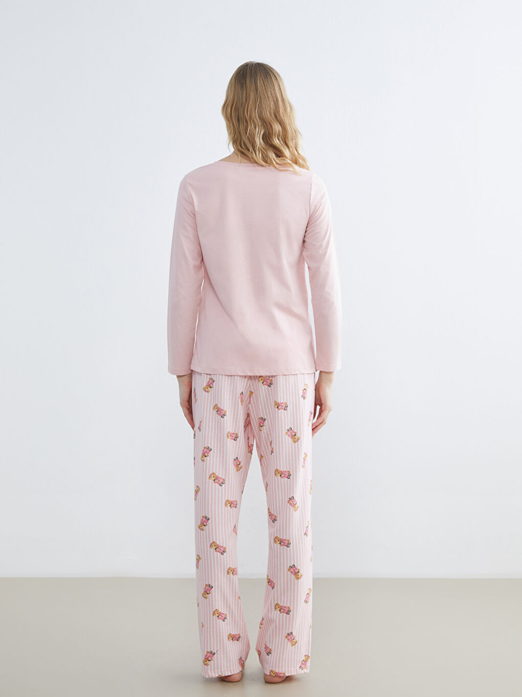 Pembe Bisiklet Yaka Ayı Teddy Baskılı Kadın Pijama Takım-3