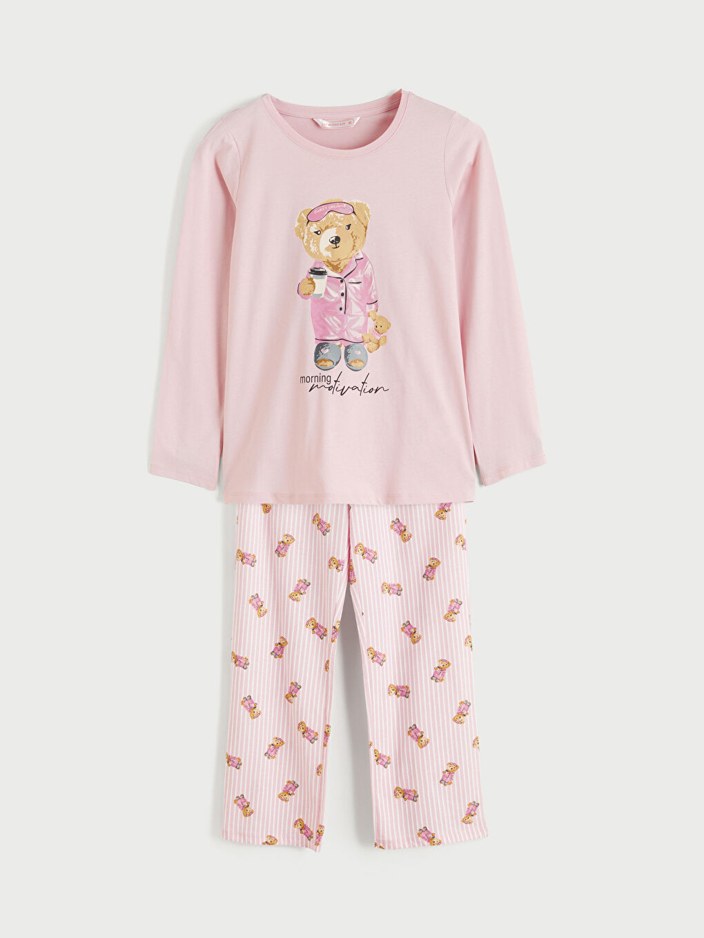 Pembe Bisiklet Yaka Ayı Teddy Baskılı Kadın Pijama Takım-4