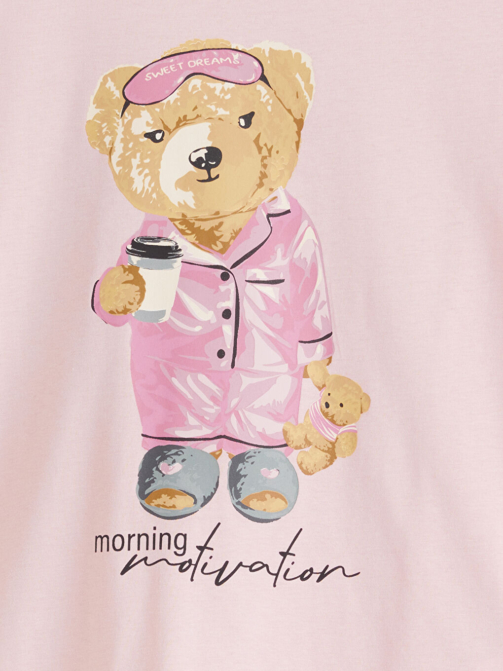 Pembe Bisiklet Yaka Ayı Teddy Baskılı Kadın Pijama Takım-6