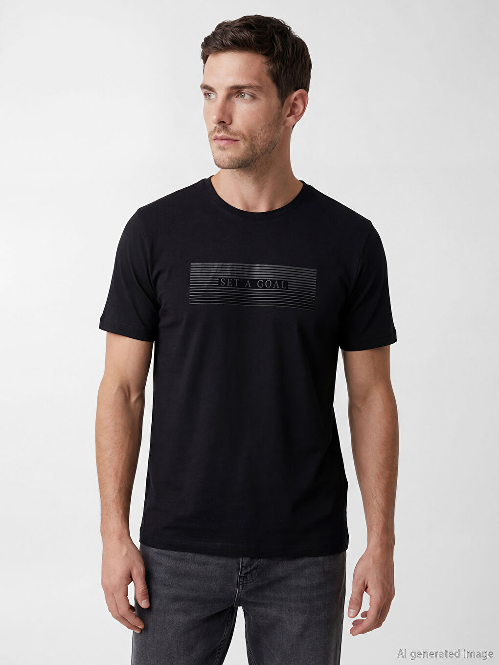 Siyah Bisiklet Yaka Baskılı Penye Erkek Tişört