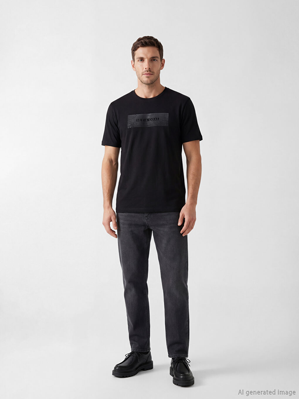 Siyah Bisiklet Yaka Baskılı Penye Erkek Tişört-1