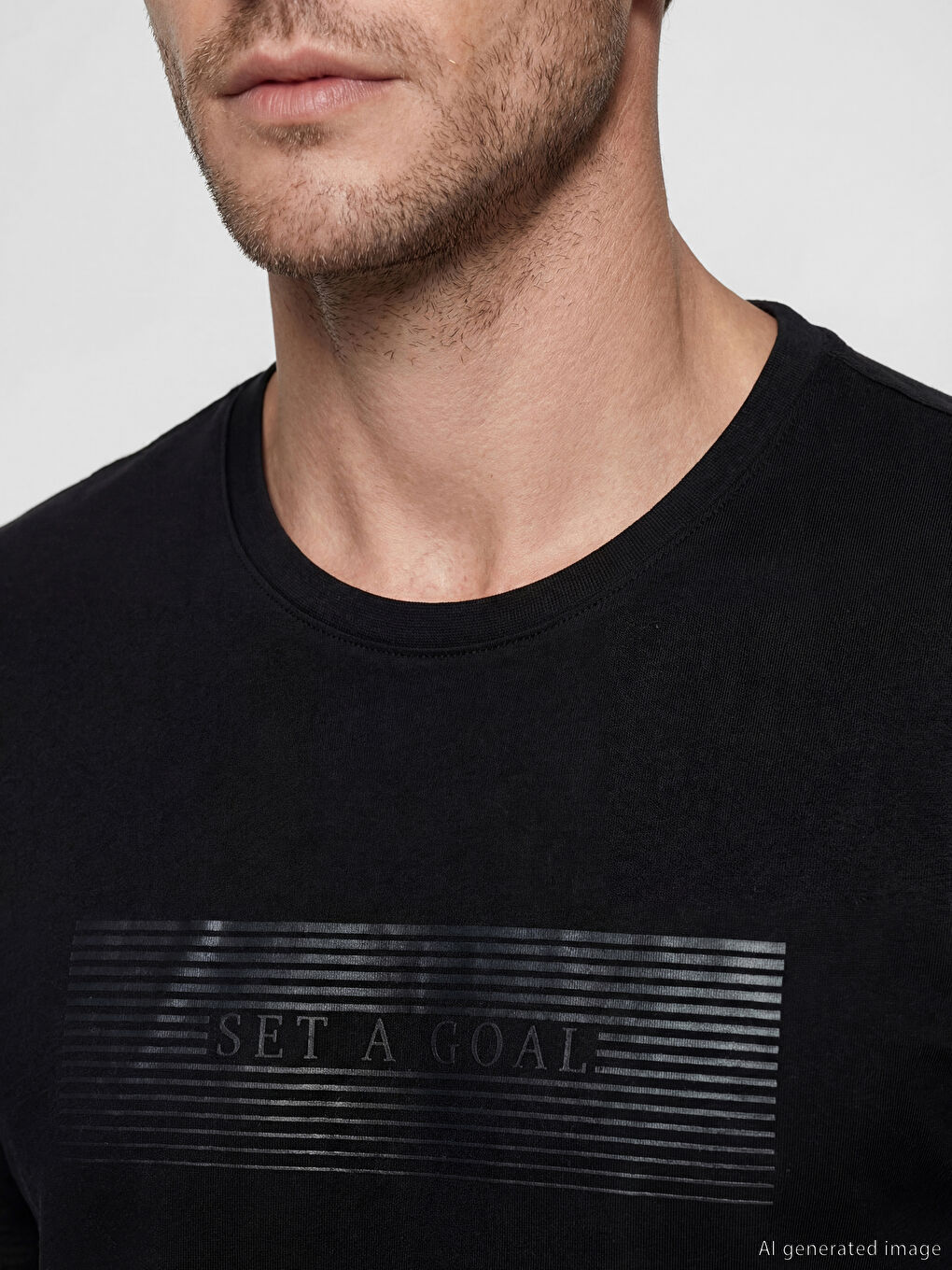 Siyah Bisiklet Yaka Baskılı Penye Erkek Tişört-2