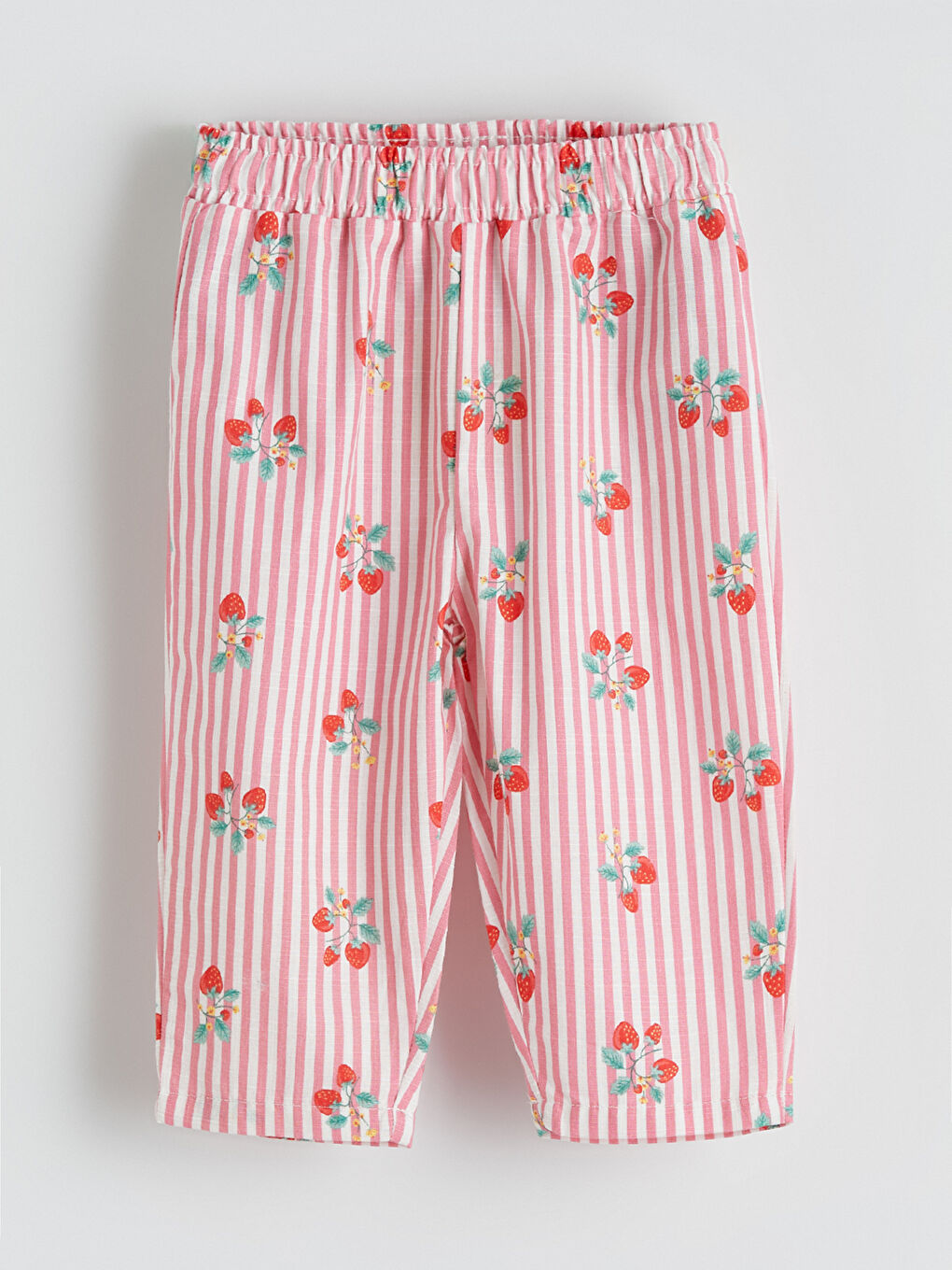 Ekru Çilek Baskılı Kız Bebek Gabardin Pantolon